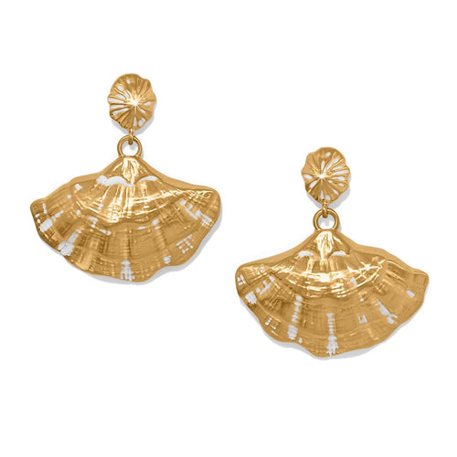 Brighton drop earrings with gold-plated textured fan-shaped shells and small disc posts on a white background