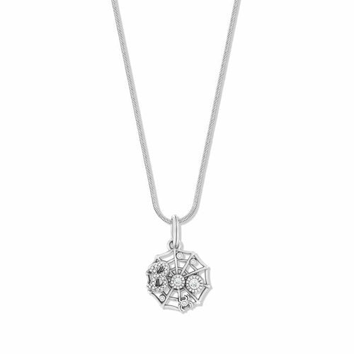 Brighton pendant necklace with silver-plated spider web charm, crystal accents, and snake chain on a white background