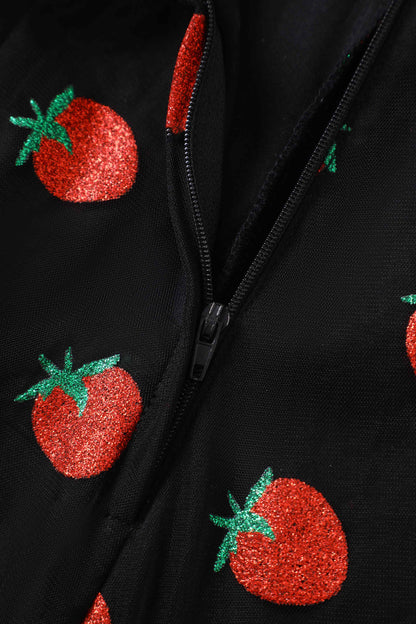 Dorothea Strawberry Black Mesh Halter Dress