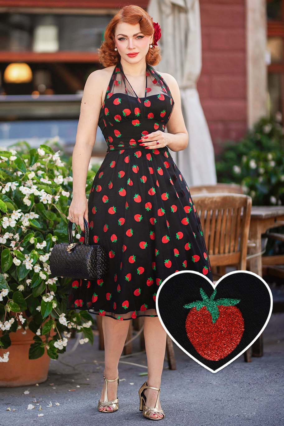 Dorothea Strawberry Black Mesh Halter Dress