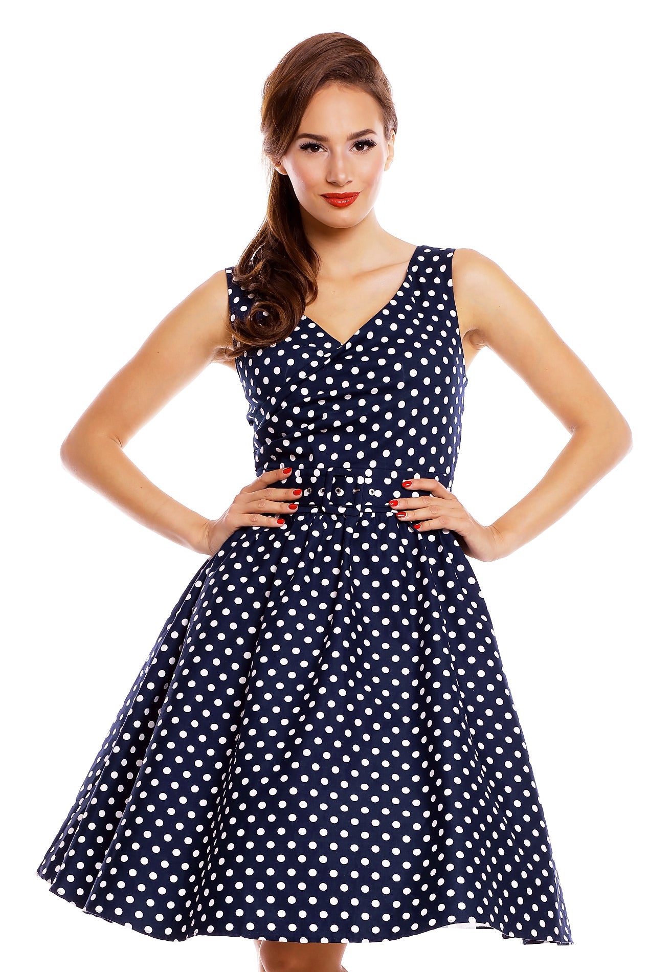 May Stylish V-neck Polka Dot Swing Dress in Navy Blue