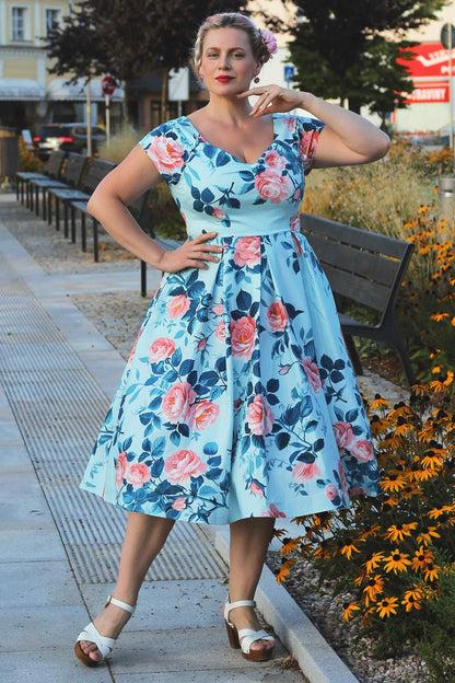 Lily Summer Rose Off Shoulder Dress In Light Blue
