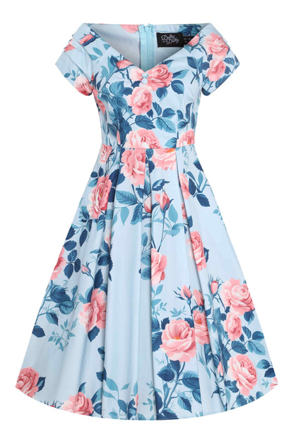 Lily Summer Rose Off Shoulder Dress In Light Blue