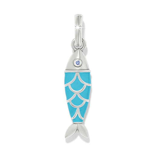 Brighton fish charm with turquoise enamel body, silver-plated scale detailing, and crystal eye on a white background