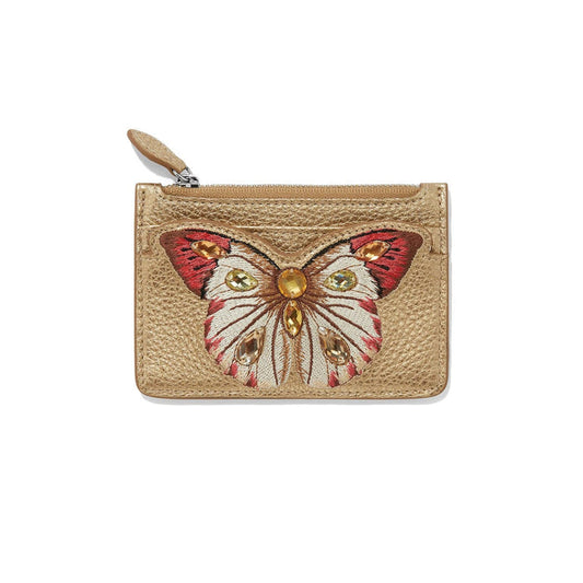 Brighton zip card pouch in gold leather with embroidered butterfly design and crystal accents on a white background