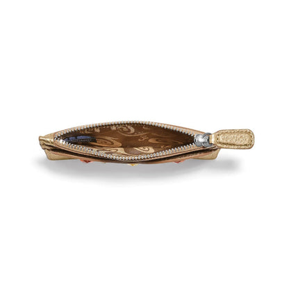 Brighton gold-tone zip pouch shown open from the side revealing patterned brown interior lining on a white background