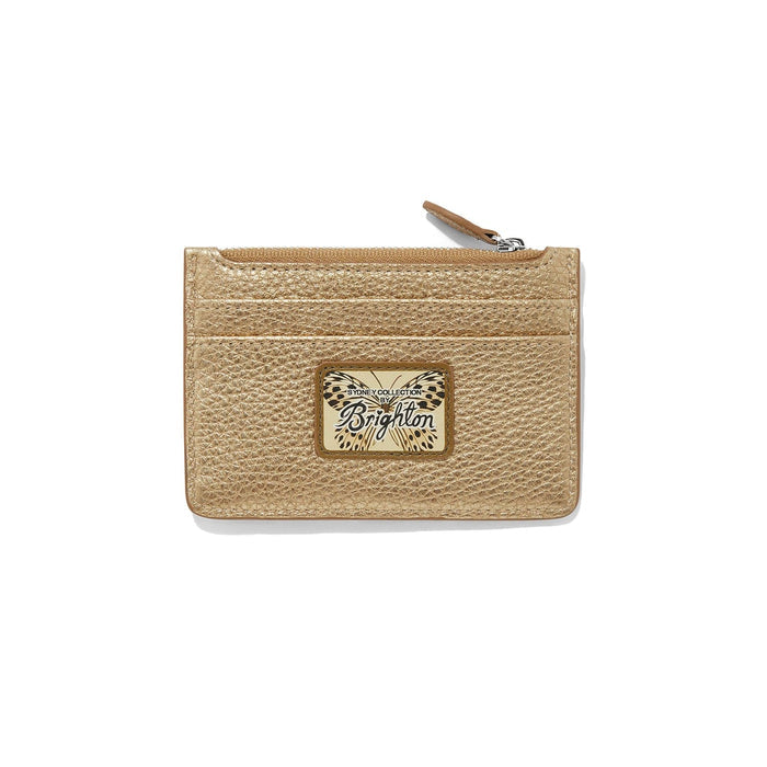 Brighton gold metallic pebbled leather card case with zip top and butterfly logo patch on a white background