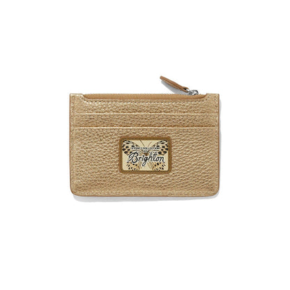 Brighton gold metallic pebbled leather card case with zip top and butterfly logo patch on a white background