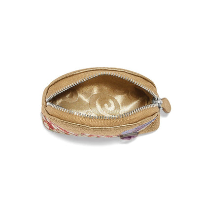 Brighton coin pouch shown open with gold metallic interior, floral print exterior, and silver-tone zipper on a white background
