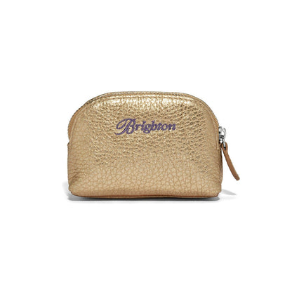 Brighton pouch in textured metallic gold with embroidered logo, side zipper, and leather pull on a white background