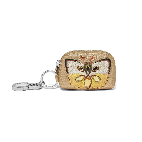 Brighton leather coin pouch keychain with embroidered butterfly, crystal accents, and silver-tone clip on a white background