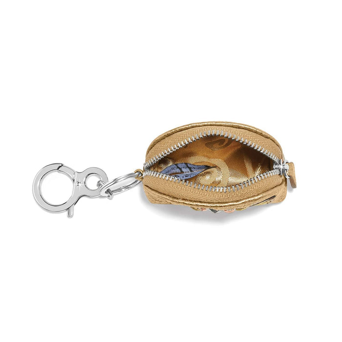 Brighton gold leather coin pouch keychain shown open with silver-tone clasp and zipper on a white background