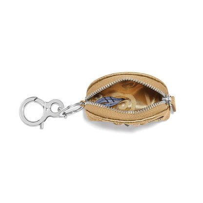 Brighton gold leather coin pouch keychain shown open with silver-tone clasp and zipper on a white background