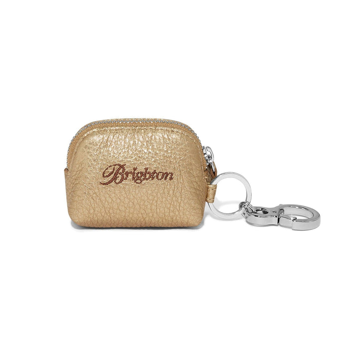 Brighton leather coin pouch keychain in metallic gold with embroidered logo and silver-tone clip on a white background