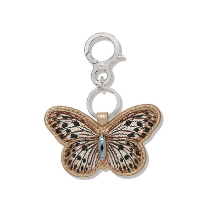 Brighton butterfly keychain with brown and black embroidered leather wings, crystal accent, and silver-tone clasp on a white background