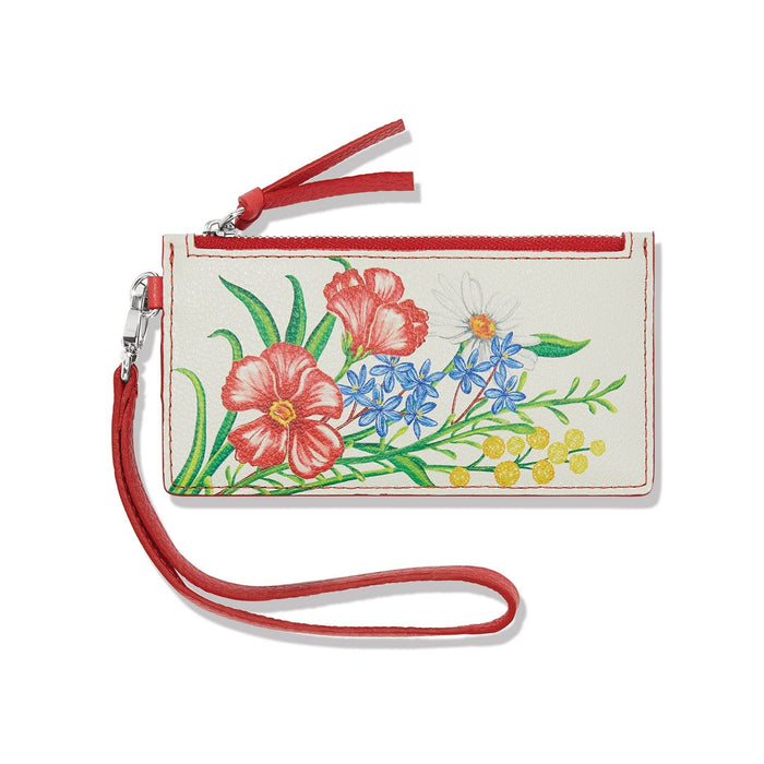 Brighton wristlet wallet with floral print, red zipper, and matching red leather wrist strap on a white background