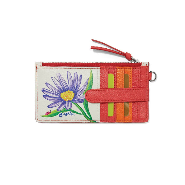 Brighton card wallet with painted purple daisy and ladybug, red trim, and multicolor card slots on a white background