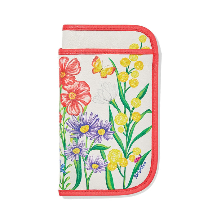 Brighton eyeglass case with floral print, butterfly, and ladybug illustrations and coral trim on a white background