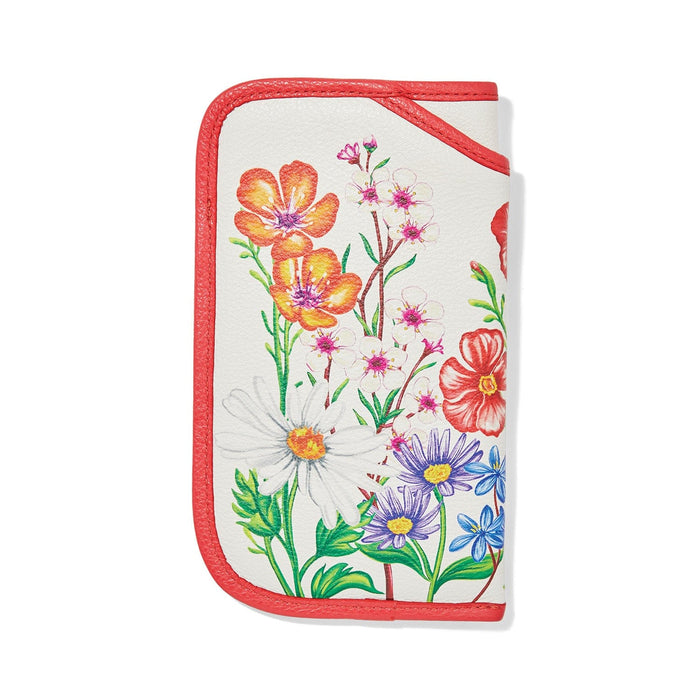 Brighton folding case with floral print of daisies and wildflowers, trimmed in red, on a white background