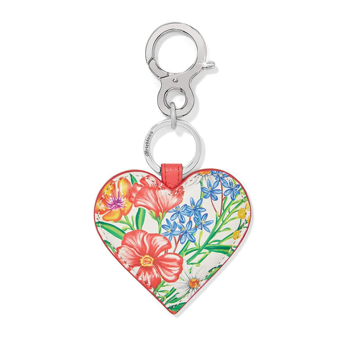 Brighton heart-shaped leather key fob with floral print and silver-tone clasp and ring on a white background