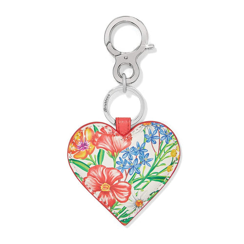 Brighton heart-shaped leather key fob with floral print and silver-tone clasp and ring on a white background