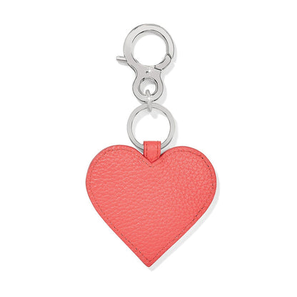 Brighton heart keychain in coral pebbled leather with silver-tone clasp and split ring on a white background