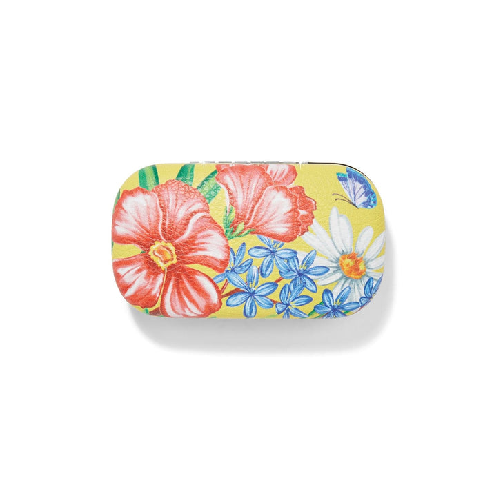 Brighton case with yellow floral print featuring red poppies, blue blossoms, white daisy, and butterfly on a white background