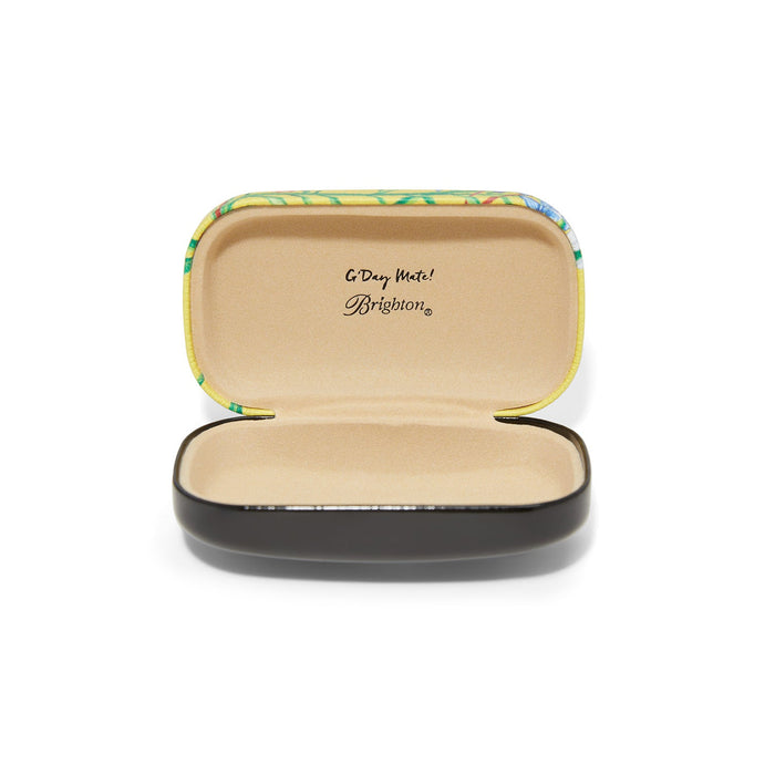 Brighton sunglasses case shown open with tan interior, floral print lining, and G'Day Mate logo on a white background