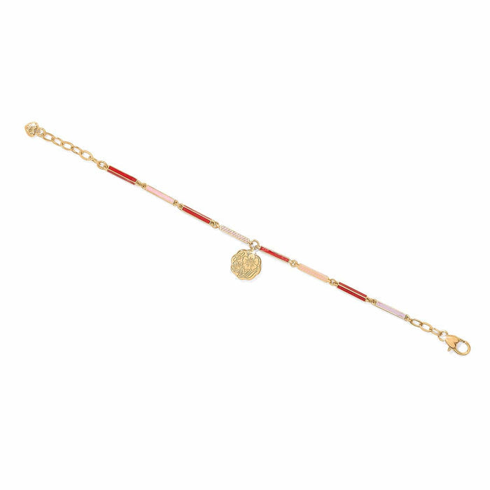 Brighton gold-plated bracelet with red, pink, and white enamel bar links and floral medallion charm on a white background