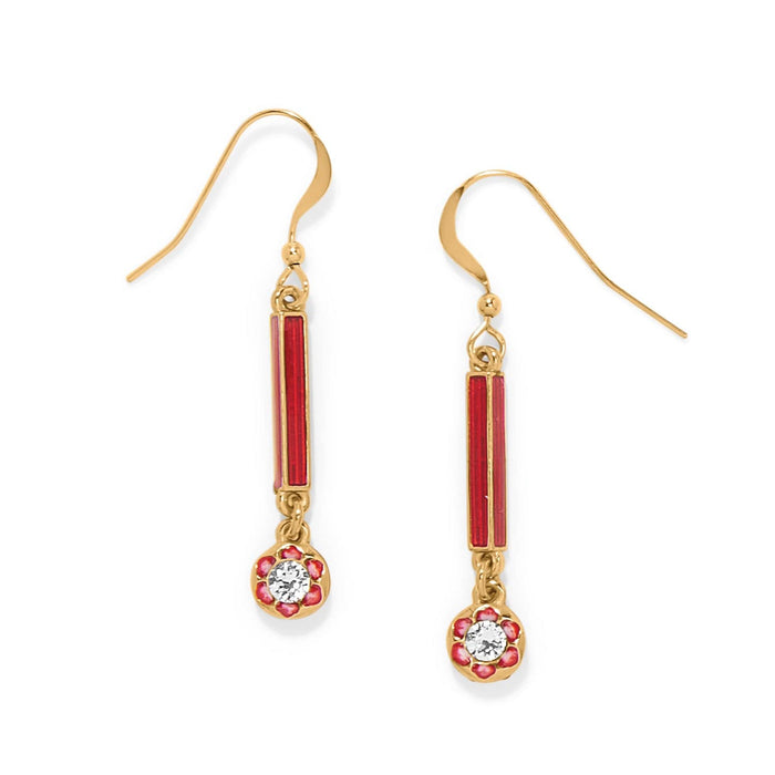 Brighton drop earrings with red enamel bars and gold-plated crystal flower charms on a white background