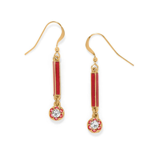 Brighton drop earrings with red enamel bars and gold-plated crystal flower charms on a white background
