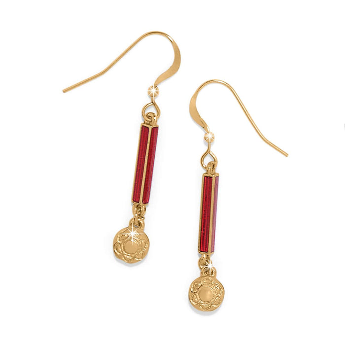 Brighton drop earrings with red enamel bars and gold-plated medallion charms on a white background