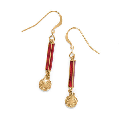 Brighton drop earrings with red enamel bars and gold-plated medallion charms on a white background