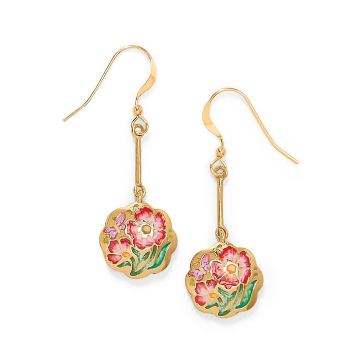 Brighton drop earrings with gold plated floral medallions and pink enamel flowers with butterfly accent on a white background