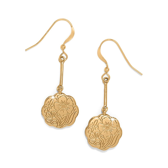 Brighton drop earrings with gold-plated floral engraved medallions on slim bar dangles on a white background