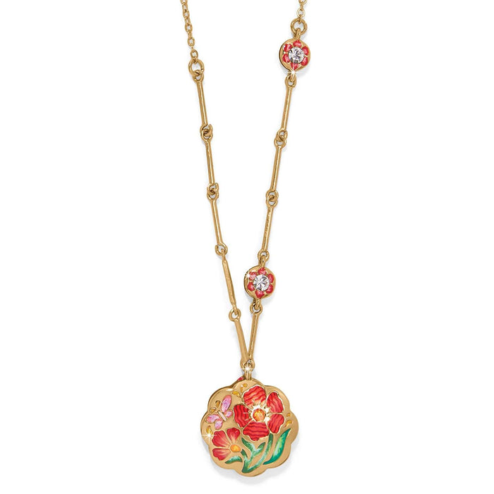 Brighton gold-plated pendant necklace with red enamel floral design, butterfly accent, and crystal stations on a white background