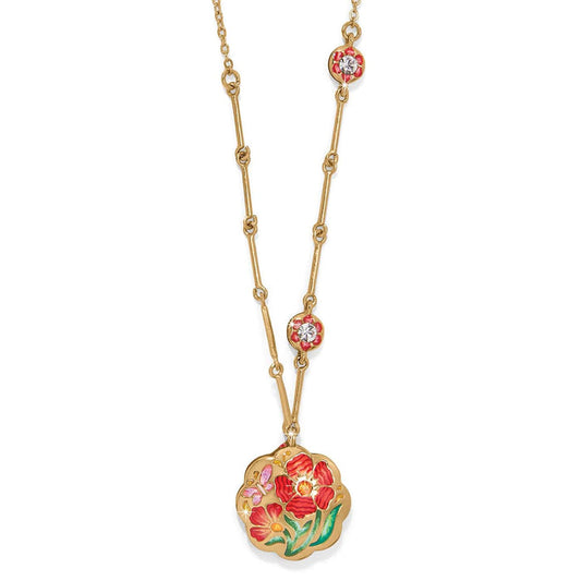 Brighton gold-plated pendant necklace with red enamel floral design, butterfly accent, and crystal stations on a white background