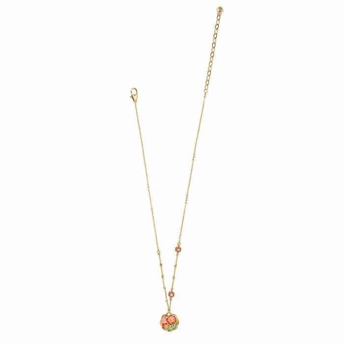 Brighton gold-plated pendant necklace with enamel floral medallion and crystal stations on a white background