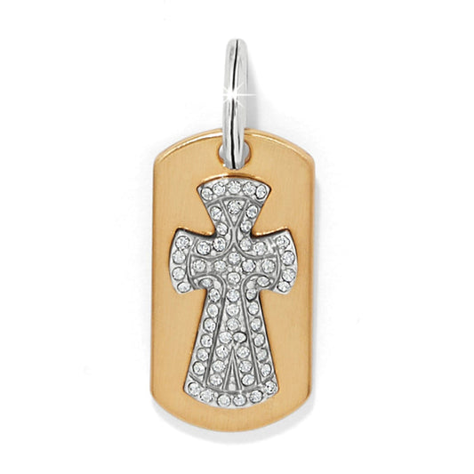 Brighton gold-plated dog tag charm with silver-tone crystal cross design and silver bail on a white background