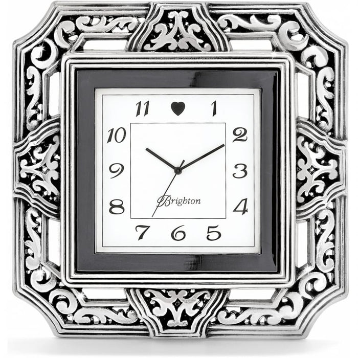 Brighton square clock with silver-plated ornate scrollwork frame and black border around numbered face on a white background