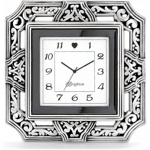 Brighton square clock with silver-plated ornate scrollwork frame and black border around numbered face on a white background