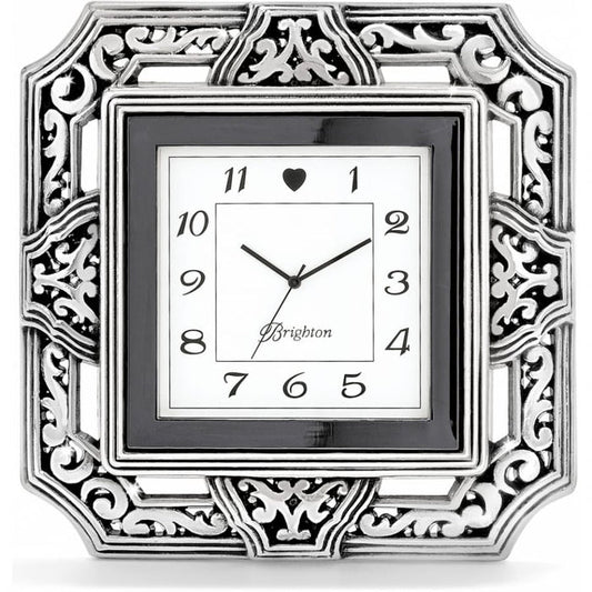 Brighton square clock with silver-plated ornate scrollwork frame and black border around numbered face on a white background