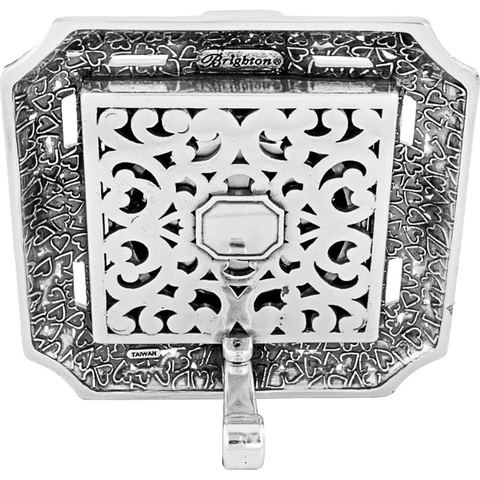 Brighton accessory shown from the back with silver-plated filigree scrollwork and heart-textured border on a white background
