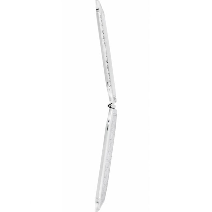 Brighton compact mirror shown from the side view in an open position with silver-tone finish on a white background