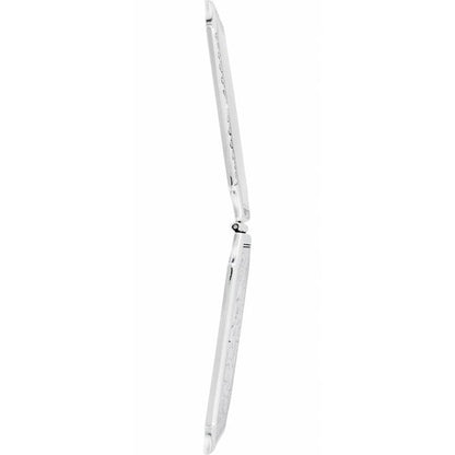 Brighton compact mirror shown from the side view in an open position with silver-tone finish on a white background
