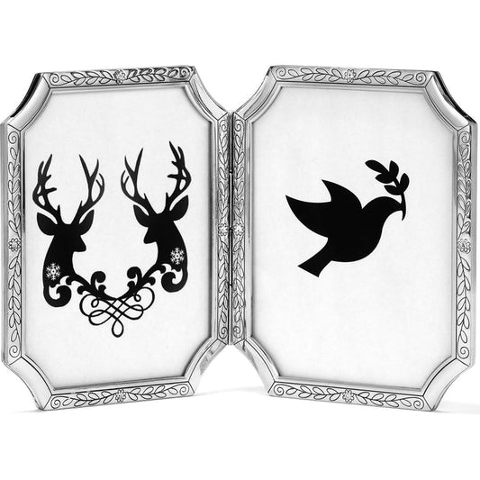 Brighton silver-plated hinged double picture frame with engraved leaf and floral border details on a white background