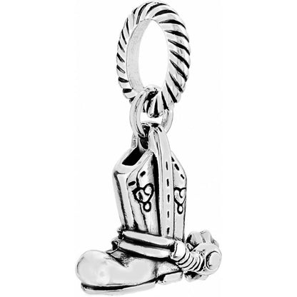 Brighton cowboy boot charm with silver-plated finish, heart detailing, and twisted rope bail on a white background