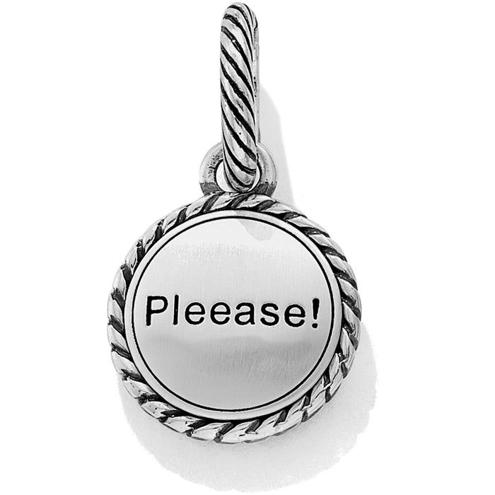 Brighton charm with silver-plated rope-twist border and engraved Pleease! text in center on a white background