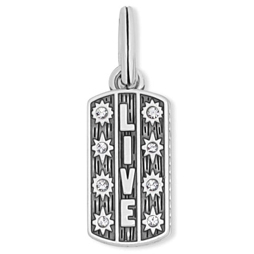 Brighton charm pendant with silver-plated LIVE lettering, crystal-accented stars, and engraved detailing on a white background