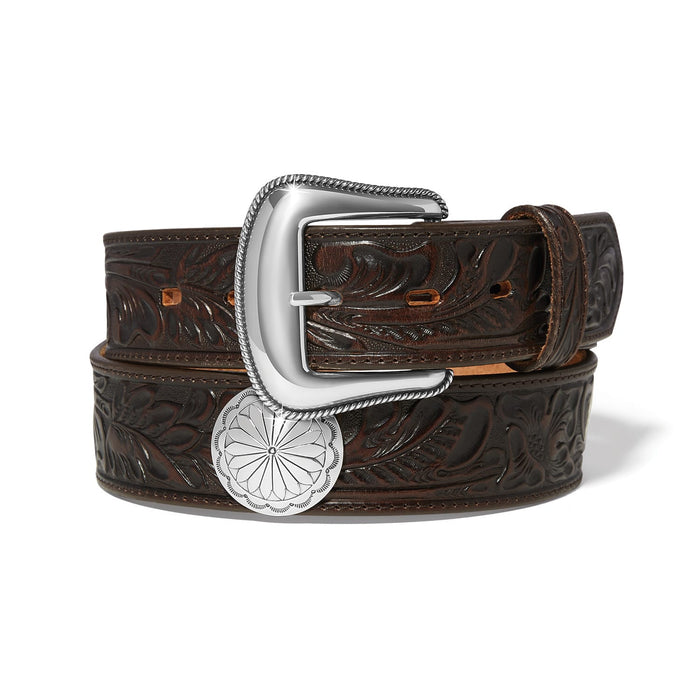 Brighton brown tooled leather belt with floral embossed pattern, silver-tone buckle, and round concho on a white background